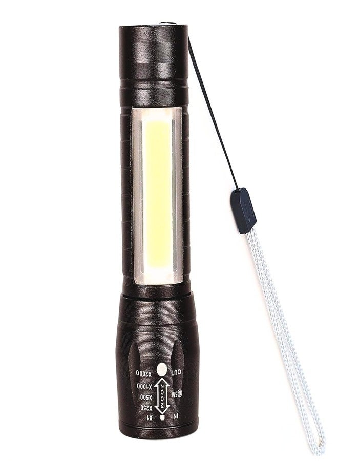 KhuHap Rechargeable Torch Light - Mini LED Flashlight with Zoom Function, COB Light, 3 Modes, USB Charging, Black Metal - Ideal for Emergency & Outdoor Use, Pack of 1 - Image 1